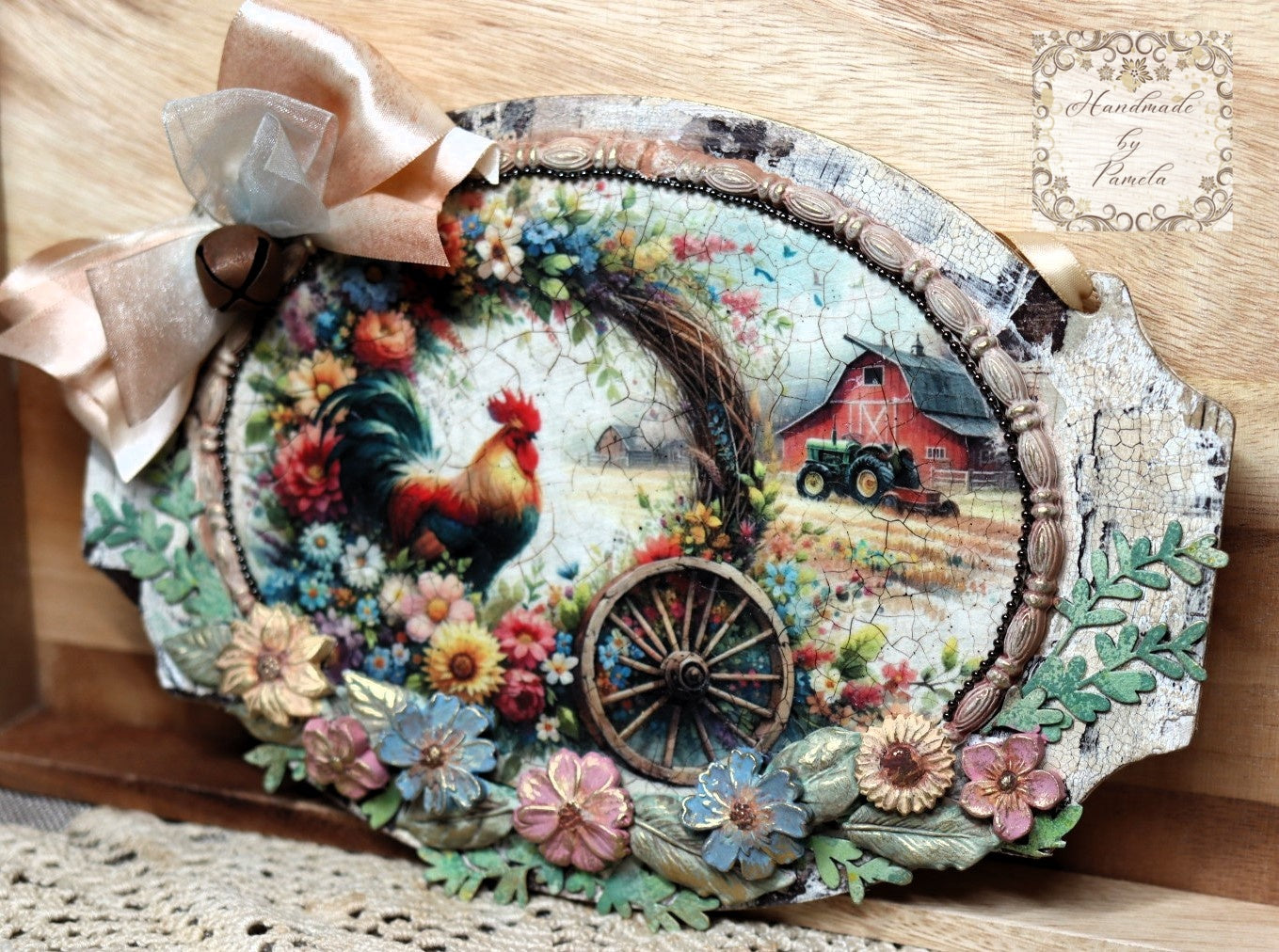 Handcrafted, Decoupage, Mixed Media, MDF Plaque, Wall Art, Rooster, Barn, Tractor, Floral Wreath, Country, Rustic, Shabby Chic, Home Decor