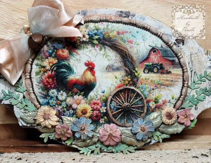 Handcrafted, Decoupage, Mixed Media, MDF Plaque, Wall Art, Rooster, Barn, Tractor, Floral Wreath, Country, Rustic, Shabby Chic, Home Decor Handmade by Pamela