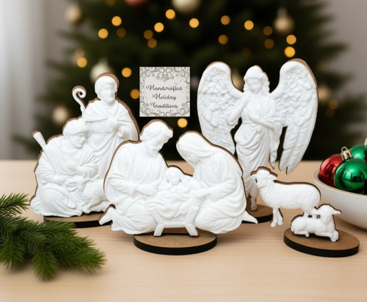 Laser Cut MDF IOD Silent Night Nativity Castings Blank Base Stands Set of 4 | Decoupage, Christmas, Crafts, Mixed Media, Holiday Decorations