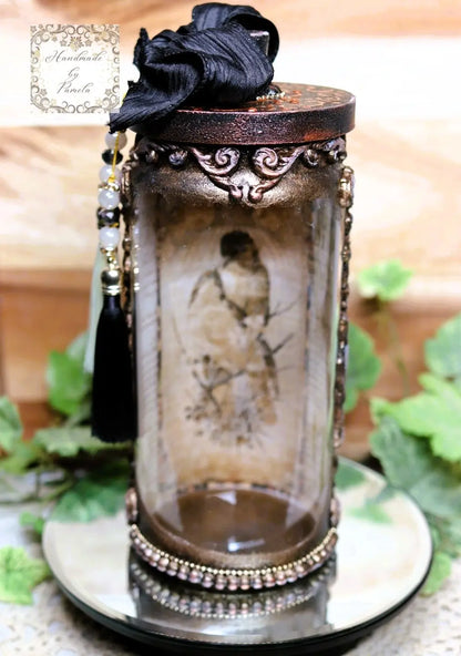 Handcrafted, Decoupage, Mixed Media, Jar with Lid, Birds, Bird Cage, Vintage, Shabby Chic Style Handmade by Pamela