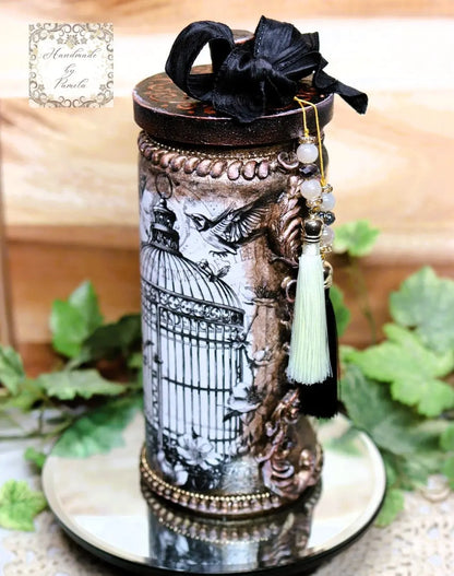 Handcrafted, Decoupage, Mixed Media, Jar with Lid, Birds, Bird Cage, Vintage, Shabby Chic Style Handmade by Pamela