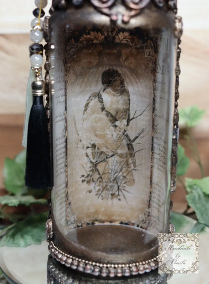 Handcrafted, Decoupage, Mixed Media, Jar with Lid, Birds, Bird Cage, Vintage, Shabby Chic Style Handmade by Pamela