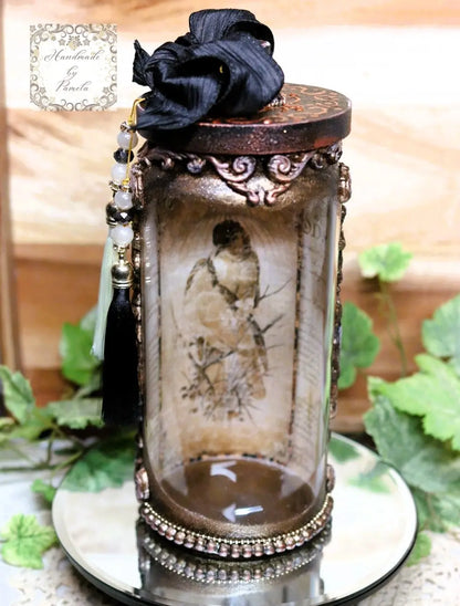 Handcrafted, Decoupage, Mixed Media, Jar with Lid, Birds, Bird Cage, Vintage, Shabby Chic Style Handmade by Pamela
