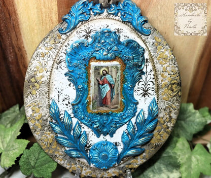 Handcrafted, Mixed Media, Decoupage, Plaque, Wall Art, Laser Cut MDF, Jesus, Metallic Blue, Gold, Wall Art, Vintage, Shabby Chic Style Handmade by Pamela