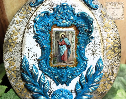 Handcrafted, Mixed Media, Decoupage, Plaque, Wall Art, Laser Cut MDF, Jesus, Metallic Blue, Gold, Wall Art, Vintage, Shabby Chic Style Handmade by Pamela