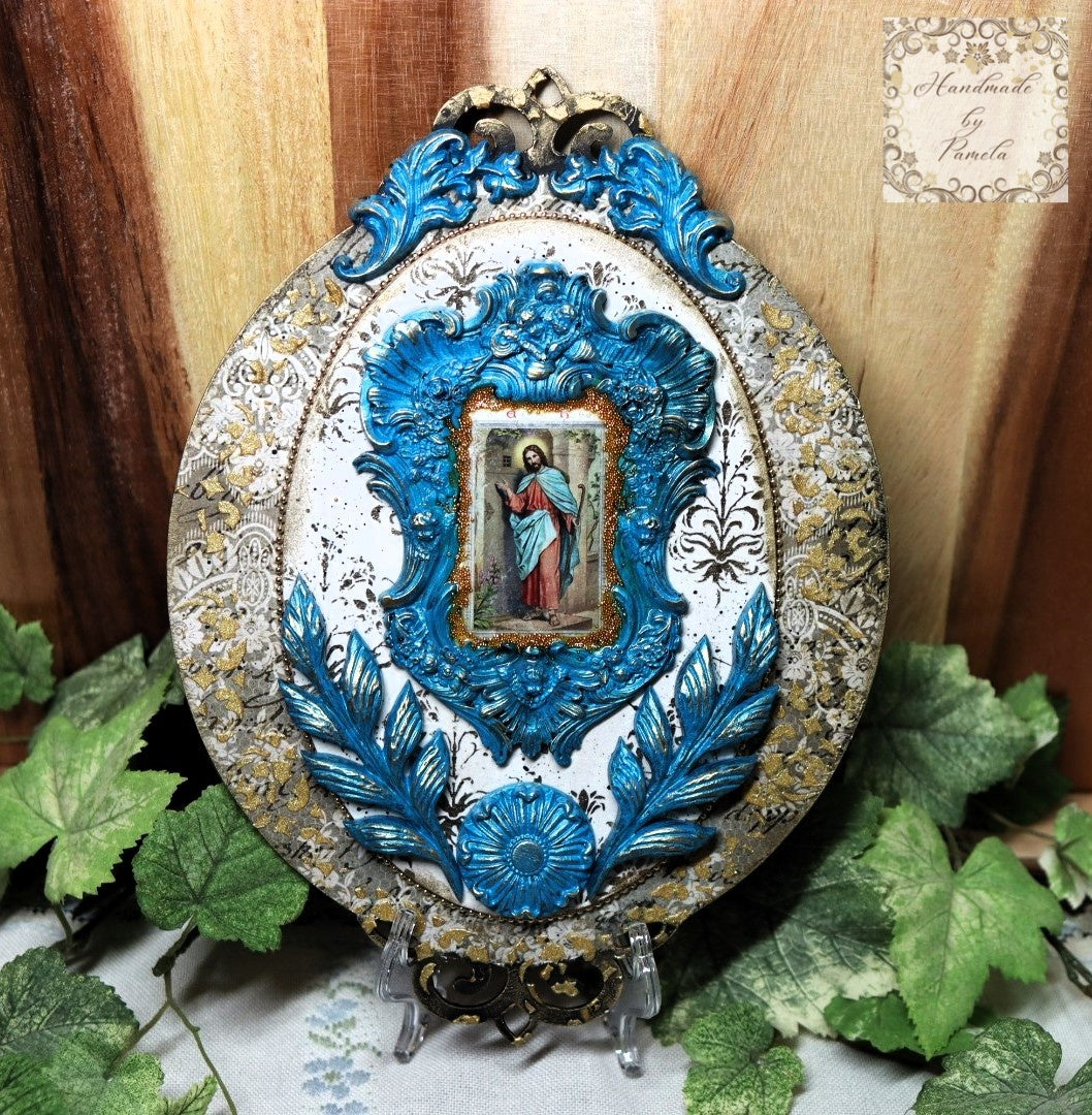 Handcrafted, Mixed Media, Decoupage, Plaque, Wall Art, Laser Cut MDF, Jesus, Metallic Blue, Gold, Wall Art, Vintage, Shabby Chic Style