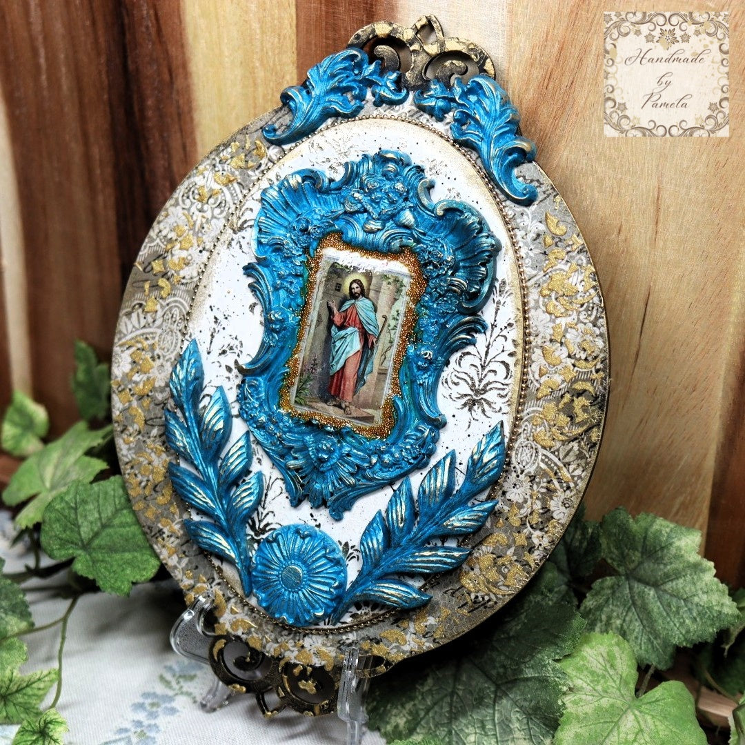 Handcrafted, Mixed Media, Decoupage, Plaque, Wall Art, Laser Cut MDF, Jesus, Metallic Blue, Gold, Wall Art, Vintage, Shabby Chic Style