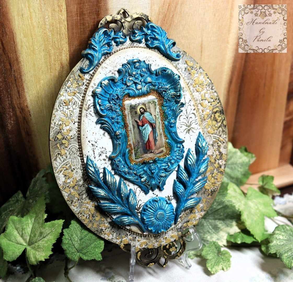 Handcrafted, Mixed Media, Decoupage, Plaque, Wall Art, Laser Cut MDF, Jesus, Metallic Blue, Gold, Wall Art, Vintage, Shabby Chic Style