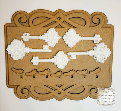 Laser Cut MDF Vintage Style Key Holder Blank Panel, Base, Plaque, Key Castings, Decoupage, Mixed Media, Crafts, 8 7/8"w x 7 1/2"h