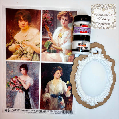 Decoupage Mixed Media Kit with Vintage Style Cameo Casting | MDF Base, Rice Paper, Glue, Primer for DIY Art and Craft Projects