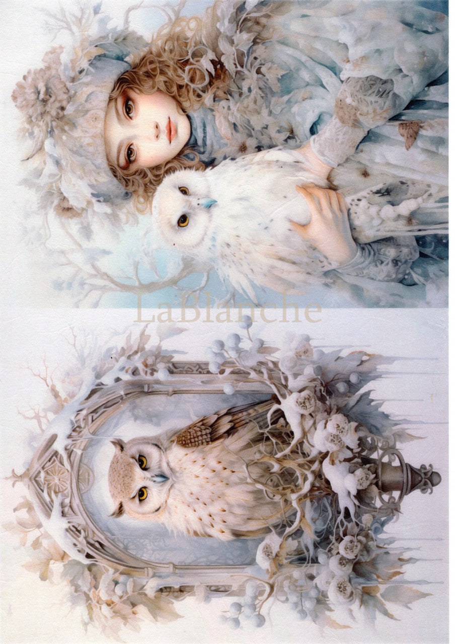 LaBlanche, 2024 Winter Release, Rice Paper, Frosty Winter, Snow, White Owl, Girl, Squares, Shabby Chic Style, LBD377, A4 8.27 X 11.69 in