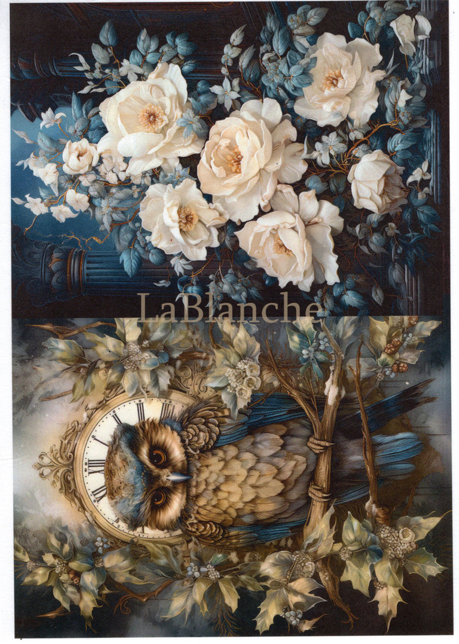 LaBlanche, 2024 Winter Release, Rice Paper, Fantasy Meadow, Owl, Pink Roses, Shabby Chic, Vintage Style, LBD384, A4 8.27 X 11.69 in