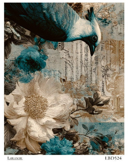 LaBlanche Rice Paper Vintage Blue, White Flowers, Bird, Peacock, Decoupage, Mixed Media, Scrapbooking A4 8.27 x 11.69 Imported Germany