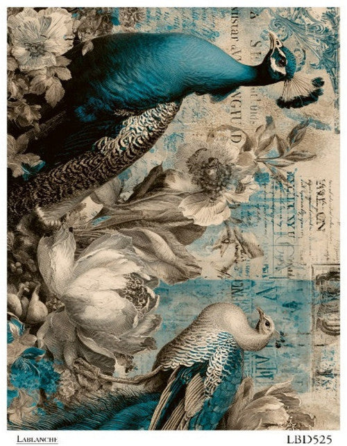 LaBlanche Rice Paper Vintage Blue, White Peacock, Florals, Shabby Chic Decoupage, Mixed Media, Scrapbooking A4 8.27 x 11.69 Imported Germany