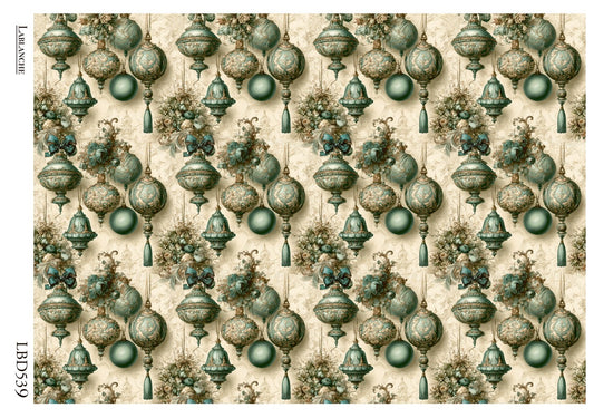 LaBlanche Rice Paper Vintage Teal Baroque Christmas Ornaments, Background, Decoupage, Mixed Media, A4 8.27 x 11.69