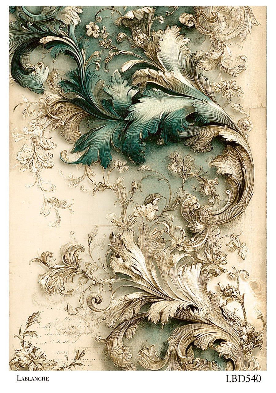 LaBlanche Rice Paper Vintage Teal and Gold Baroque Acanthus Scroll, Decoupage, Mixed Media, A4 8.27 x 11.69