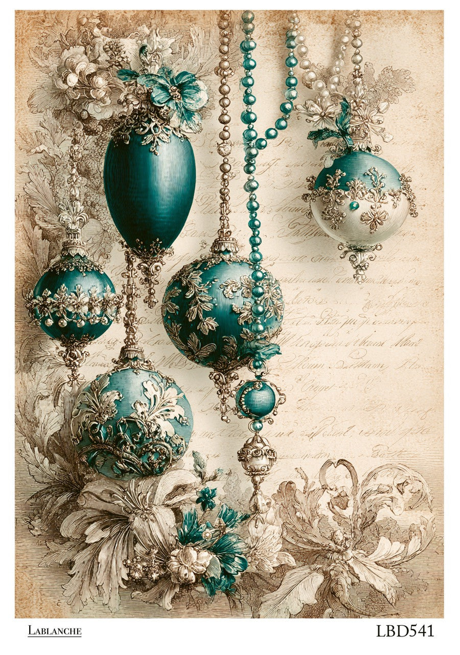 LaBlanche Rice Paper Vintage Teal Jeweled Christmas Ornaments and Pearls, Decoupage, Mixed Media, A4 8.27 x 11.69