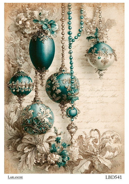 LaBlanche Rice Paper Vintage Teal Jeweled Christmas Ornaments and Pearls, Decoupage, Mixed Media, A4 8.27 x 11.69