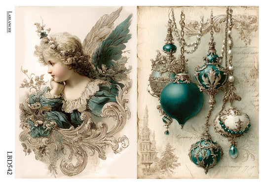 LaBlanche Rice Paper Vintage Cherub Angel, Christmas Jeweled Ornaments, Decoupage, Mixed Media, A4 8.27 x 11.69