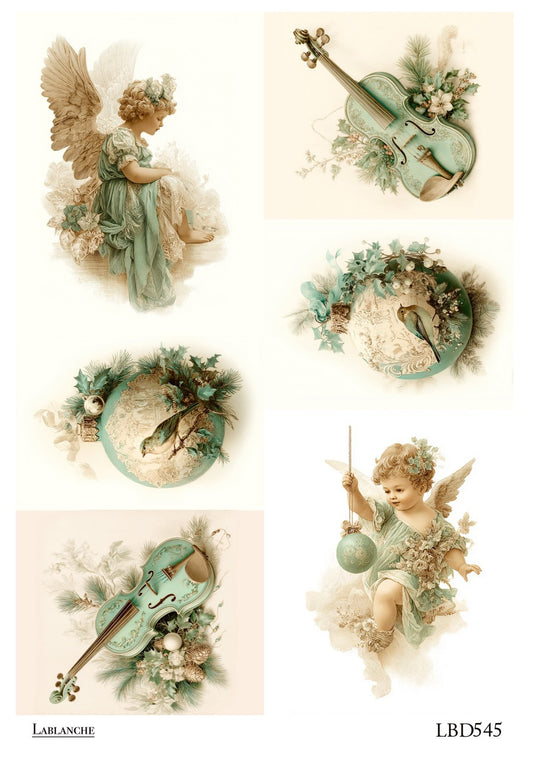 LaBlanche Rice Paper Vintage Cherub Angels, Christmas Jeweled Ornaments, Violins, Decoupage, Mixed Media, A4 8.27 x 11.69