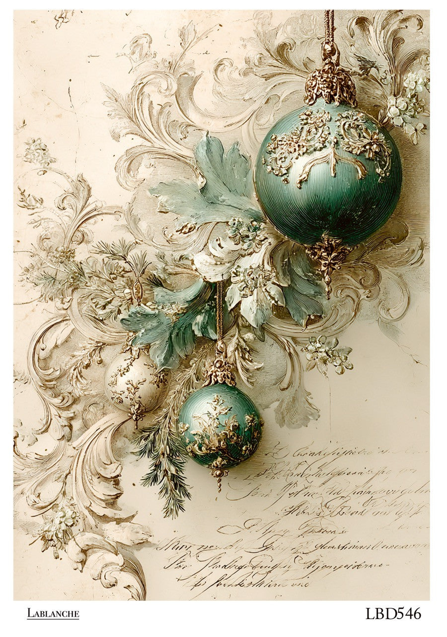 LaBlanche Rice Paper Vintage Teal and Gold Baroque Christmas Baubles, Christmas, Decoupage, Mixed Media, A4 8.27 x 11.69