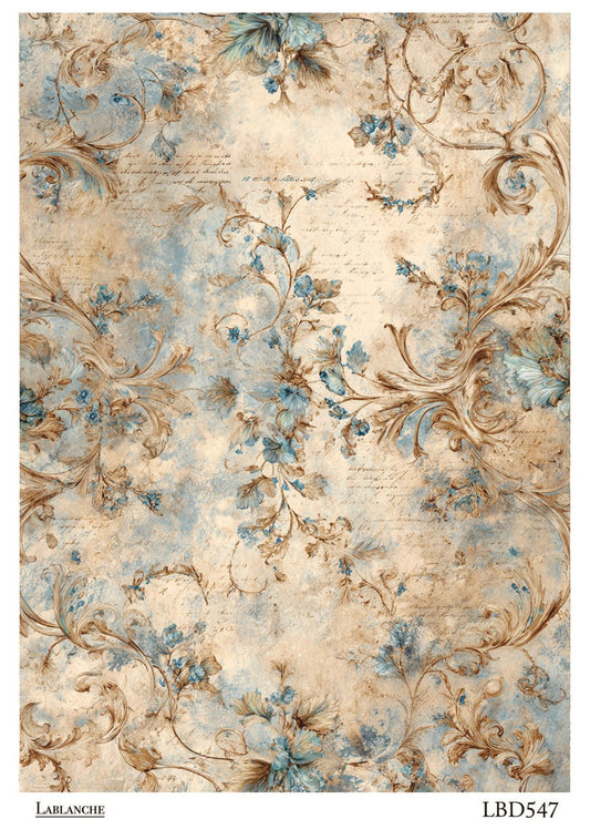 LaBlanche Rice Paper Vintage Style Blue Toile Floral Background, Decoupage, Mixed Media, A4 8.27 x 11.69