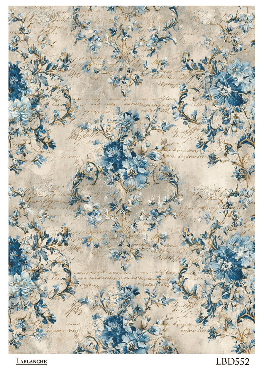 LaBlanche Rice Paper Vintage Style Distressed Blue Toile Floral Background, Decoupage, Mixed Media, Scrapbooking, A4 8.27 x 11.69