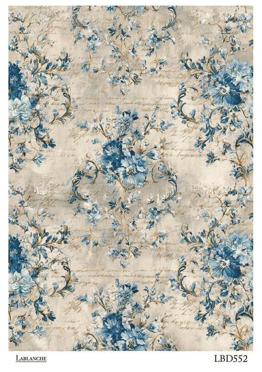 LaBlanche Rice Paper Vintage Style Distressed Blue Toile Floral Background, Decoupage, Mixed Media, Scrapbooking, A4 8.27 x 11.69