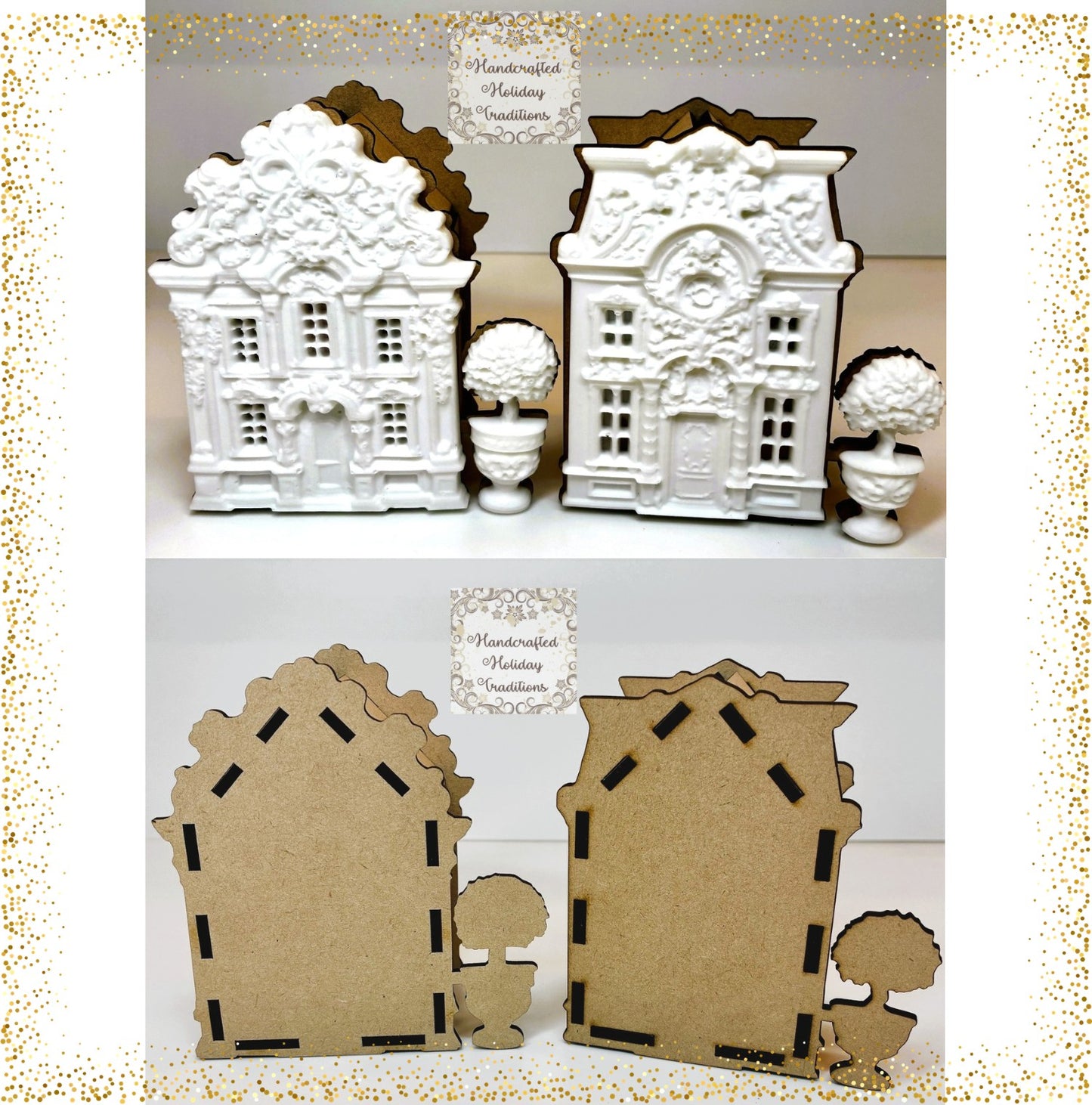 Laser Cut MDF LaBlanche Castings Houses, Trees, Set of Two, Blank Base, Decoupage, Mixed Media, DIY Crafts