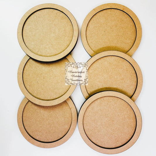 Laser Cut MDF Unfinished Round Blank Framed Coaster Set of 6, Paintable Craft Base, Decoupage, Mixed Media