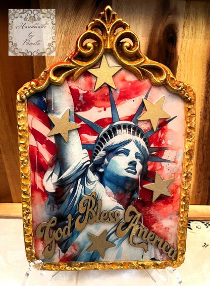 Handcrafted, Laser Cut, Statue of Liberty, Panel, Plaque, Wall Art, Patriotic, Decoupage, Mixed Media, July 4th, God Bless America Handmade by Pamela