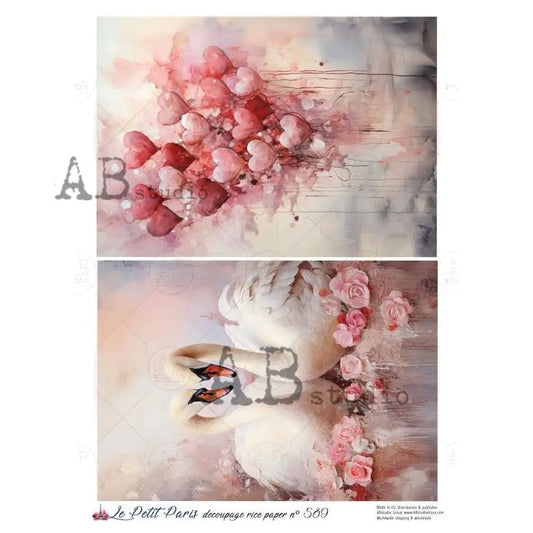 AB Studio, Rice Paper, La Petit Paris, Swans, Hearts, Roses, Valentine's Day, Shabby Chic, A4 8.27 x11.6, Mixed Media, Decoupage, LP589 AB Studio