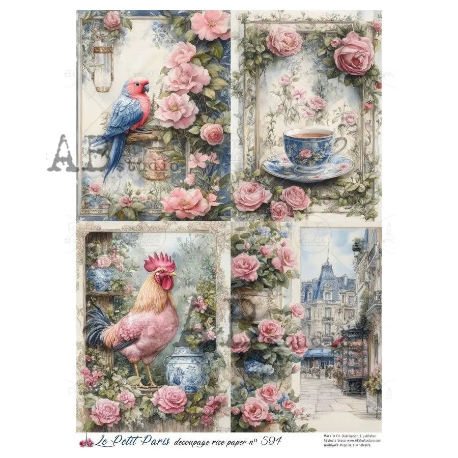 AB Studio, Rice Paper, La Petit Paris, Rooster, Parrot, Pink Florals, Tea Cup, Shabby Chic, A4 8.27 x11.6, Mixed Media, Decoupage, LP594 AB Studio