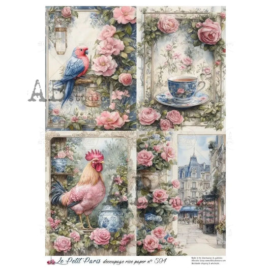 AB Studio, Rice Paper, La Petit Paris, Rooster, Parrot, Pink Florals, Tea Cup, Shabby Chic, A4 8.27 x11.6, Mixed Media, Decoupage, LP594 AB Studio