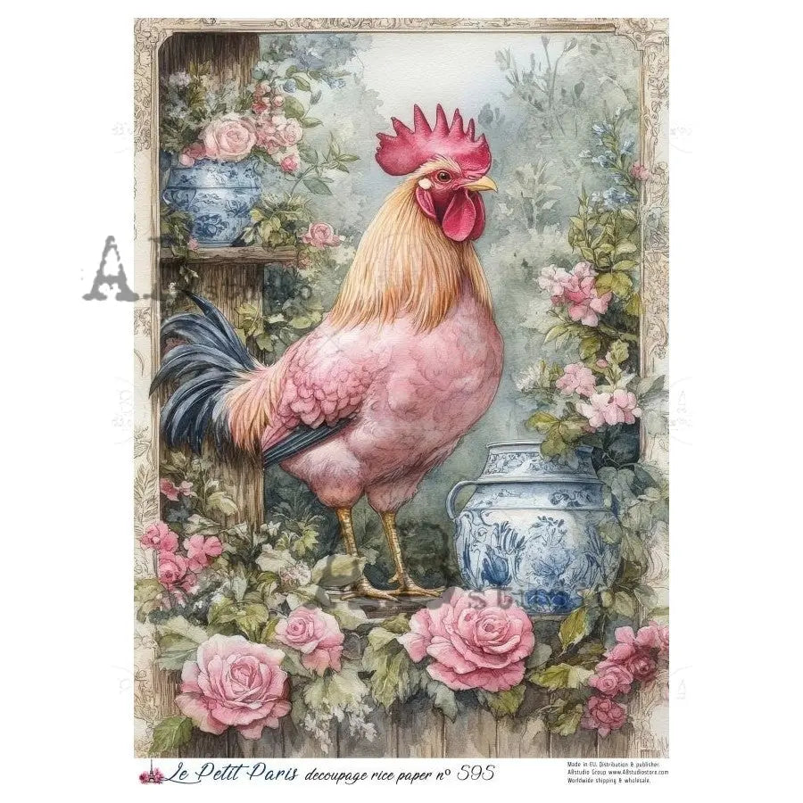 AB Studio, Rice Paper, La Petit Paris, Rooster, Pink Florals, Blue and White, Shabby Chic, A4 8.27 x11.6, Mixed Media, Decoupage, LP595 AB Studio