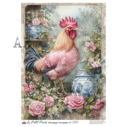 AB Studio, Rice Paper, La Petit Paris, Rooster, Pink Florals, Blue and White, Shabby Chic, A4 8.27 x11.6, Mixed Media, Decoupage, LP595 AB Studio