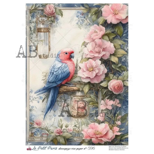 AB Studio, Rice Paper, La Petit Paris, Parrot, Pink Flowers, Shabby Chic, A4 8.27 x11.6, Mixed Media, Decoupage, LP596 AB Studio