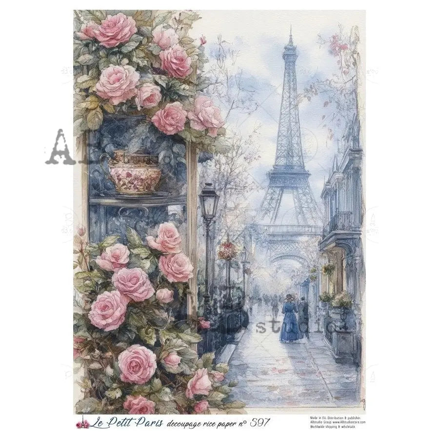 AB Studio, Rice Paper, La Petit Paris, Eifel Tower, Pink Roses, City Street, Shabby Chic, A4 8.27 x11.6, Mixed Media, Decoupage, LP597 AB Studio