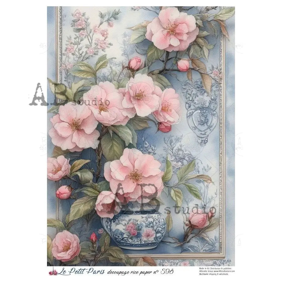 AB Studio, Rice Paper, La Petit Paris, Asian Style, Pink Flowers, Vase, Shabby Chic, A4 8.27 x11.6, Mixed Media, Decoupage, LP598 AB Studio