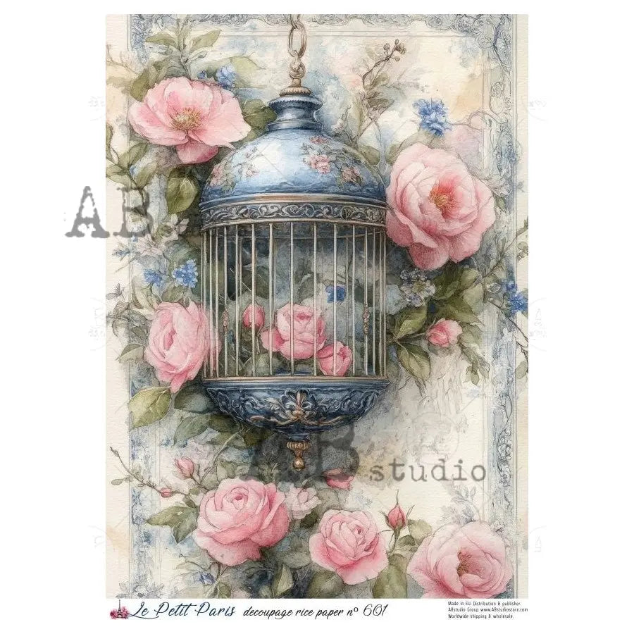 AB Studio, Rice Paper, La Petit Paris, Blue Bird Cage, Pink Flowers, Florals, Shabby Chic, A4 8.27 x11.6, Mixed Media, Decoupage, LP601 AB Studio