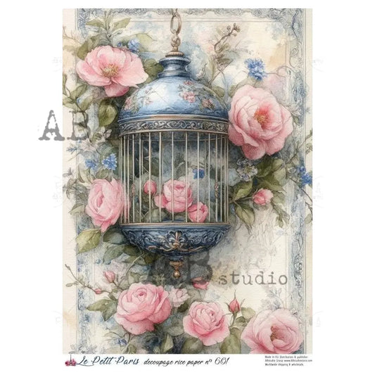 AB Studio, Rice Paper, La Petit Paris, Blue Bird Cage, Pink Flowers, Florals, Shabby Chic, A4 8.27 x11.6, Mixed Media, Decoupage, LP601 AB Studio