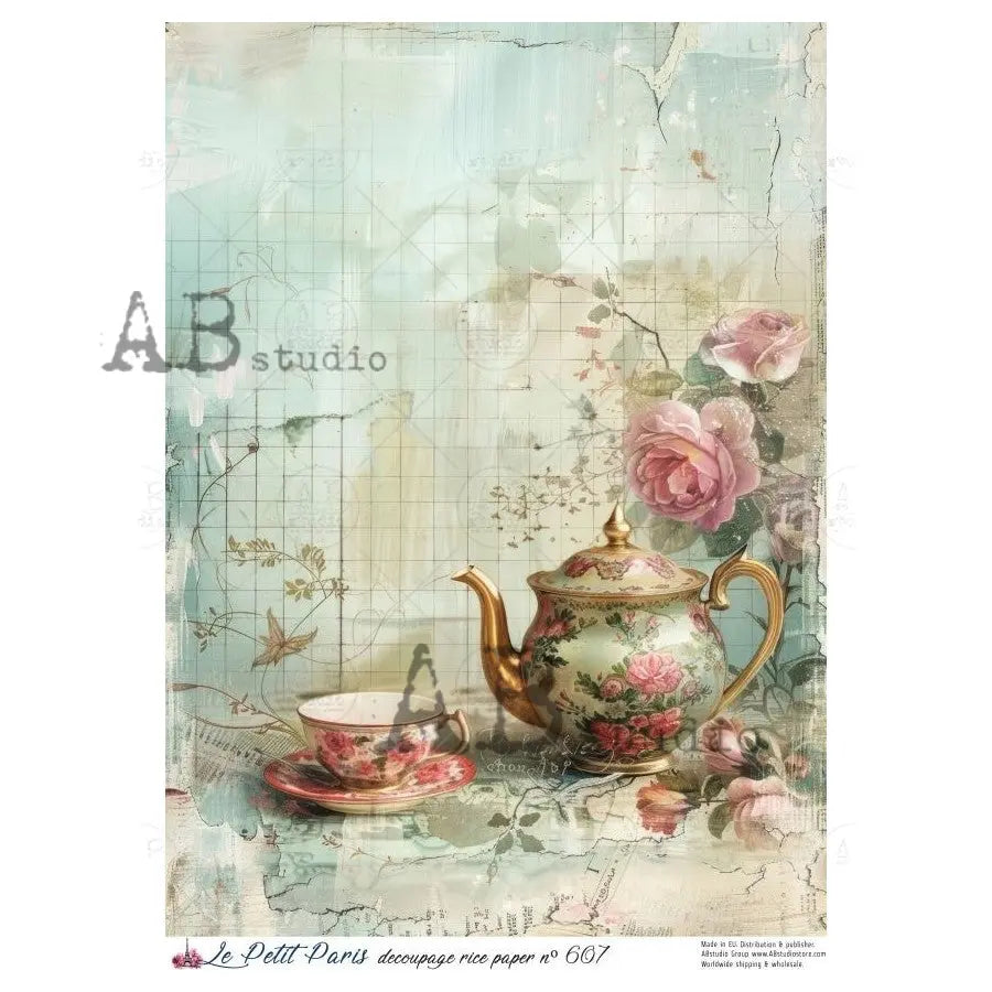 AB Studio, Rice Paper, La Petit Paris, Pink Flowers, Tea Pot, Cup, Shabby Chic, A4 8.27 x11.6, Mixed Media, Decoupage, LP607 AB Studio