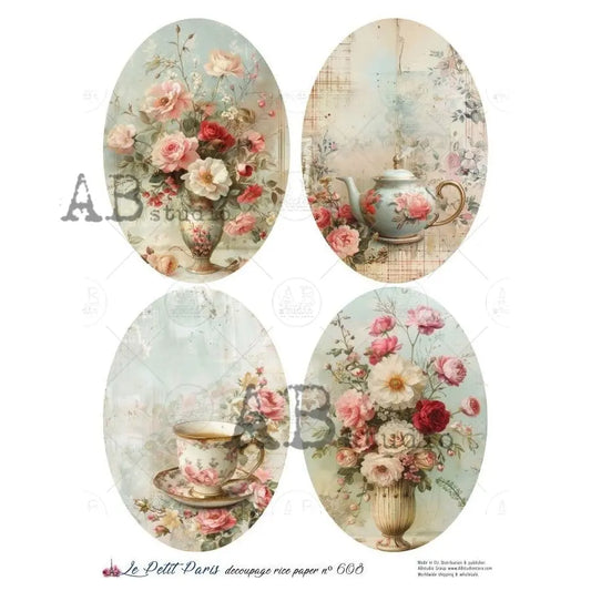 AB Studio, Rice Paper, La Petit Paris, Ovals, Tea Cups, Florals, Shabby Chic, A4 8.27 x11.6, Mixed Media, Decoupage, LP608 AB Studio