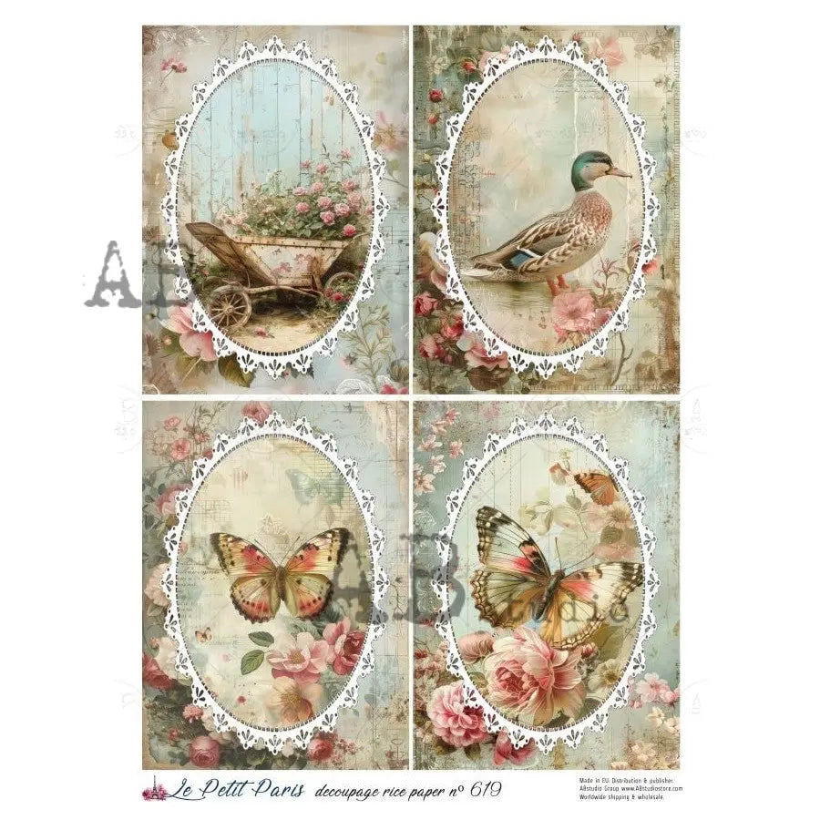 AB Studio, Rice Paper, La Petit Paris, Lace, Butterflies, Duck, Flowers, Shabby Chic, A4 8.27 x11.6, Mixed Media, Decoupage, LP619 AB Studio