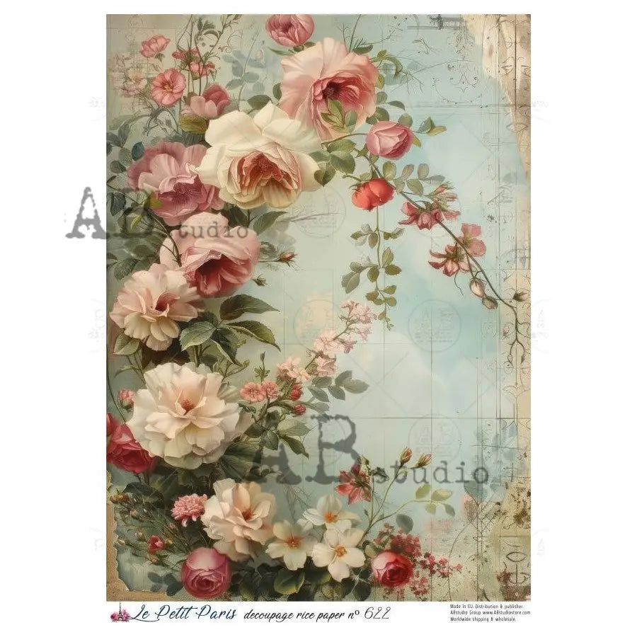 AB Studio, Rice Paper, La Petit Paris, Pink Flowers, Roses, Shabby Chic, A4 8.27 x11.6, Mixed Media, Decoupage, LP622 AB Studio