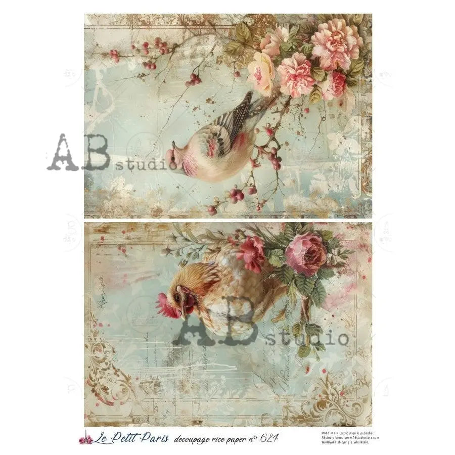 AB Studio, Rice Paper, La Petit Paris, Birds, Lace, Pink Flowers, Roses, Shabby Chic, A4 8.27 x11.6, Mixed Media, Decoupage, LP624 AB Studio