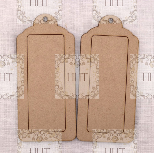 Laser Cut MDF, Framed Tags, Set of 2, Elongated, 3 pcs each, Canvas, Blank, Base, Decoupage, Crafts, Mixed Media, Gift Tags, 3 1/8" x 6 3/8"