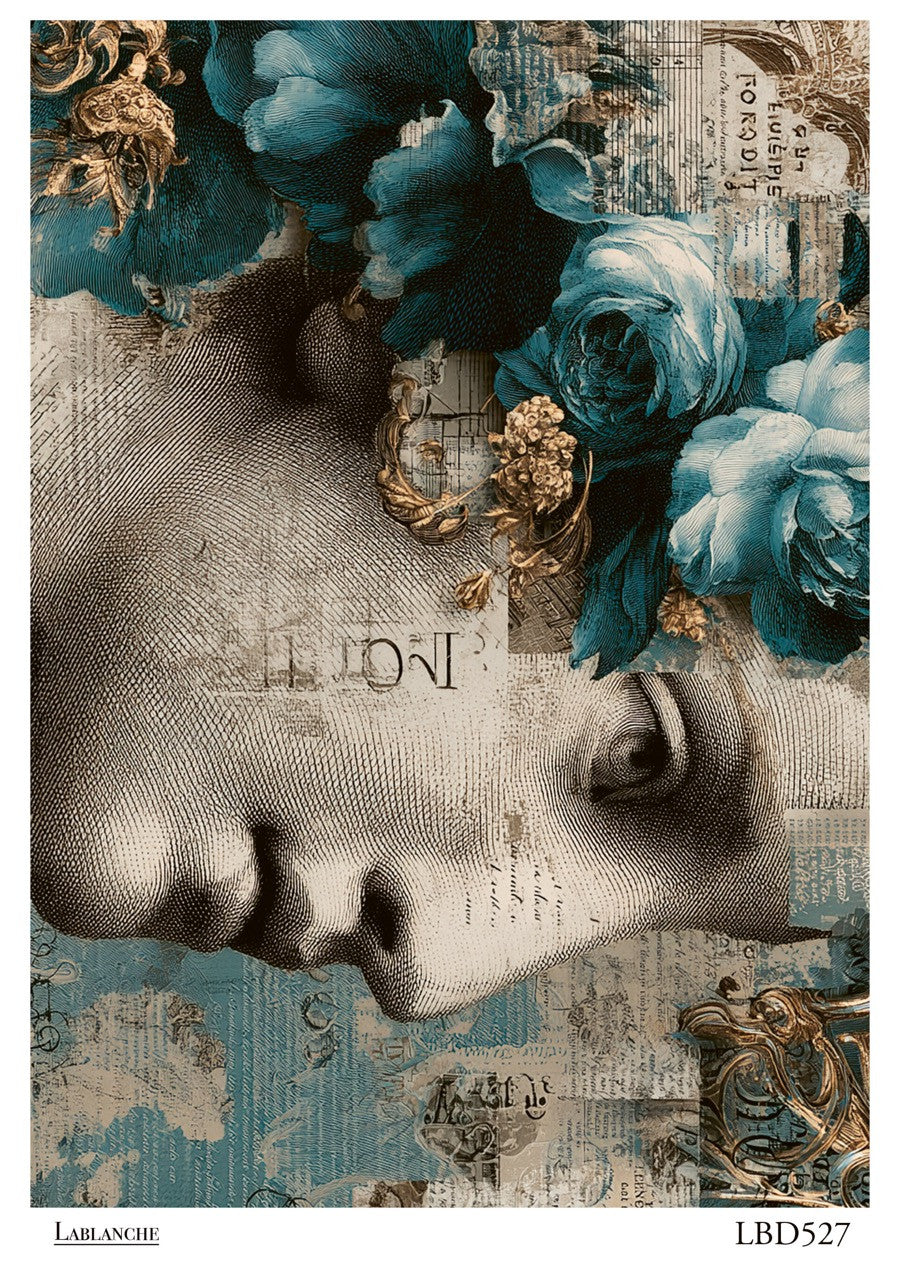LaBlanche Rice Paper Vintage Blue, White Flowers, Portrait, Decoupage, Mixed Media, Scrapbooking A4 8.27 x 11.69 Imported Germany