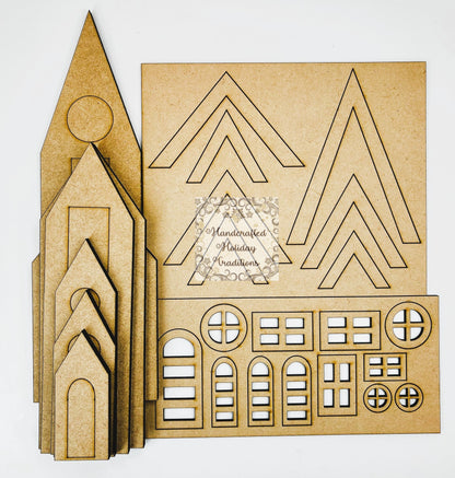 Laser Cut MDF Unfinished Country Village, Houses Set of 7 for Decoupage Mixed Media, DIY Home Decor Crafts