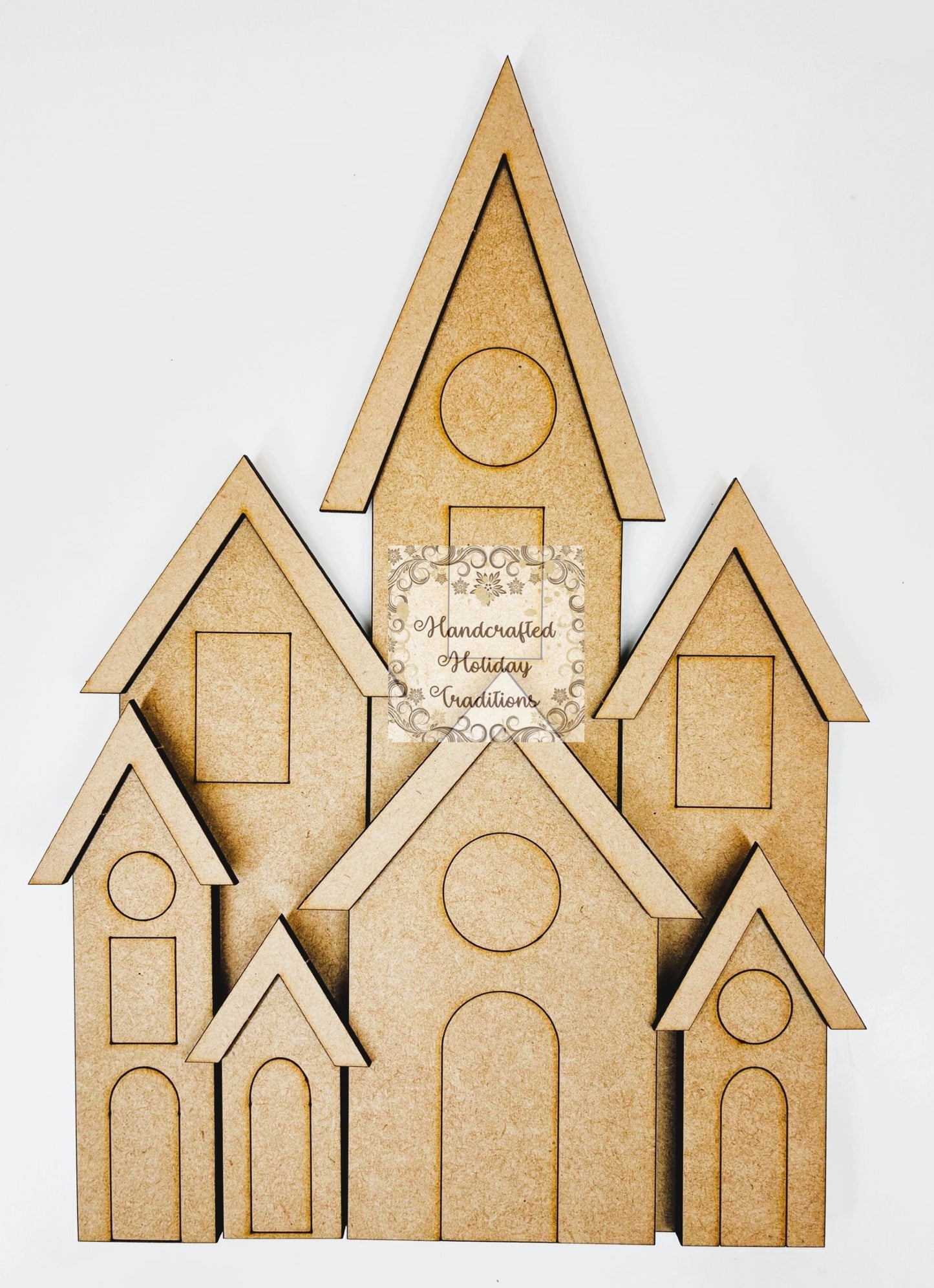 Laser Cut MDF Unfinished Country Village, Houses Set of 7 for Decoupage Mixed Media, DIY Home Decor Crafts